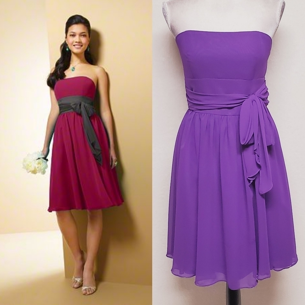 Alfred Angelo 7017S Violet Purple Chiffon Strapless Bustier Tie-Waist Mini Dress